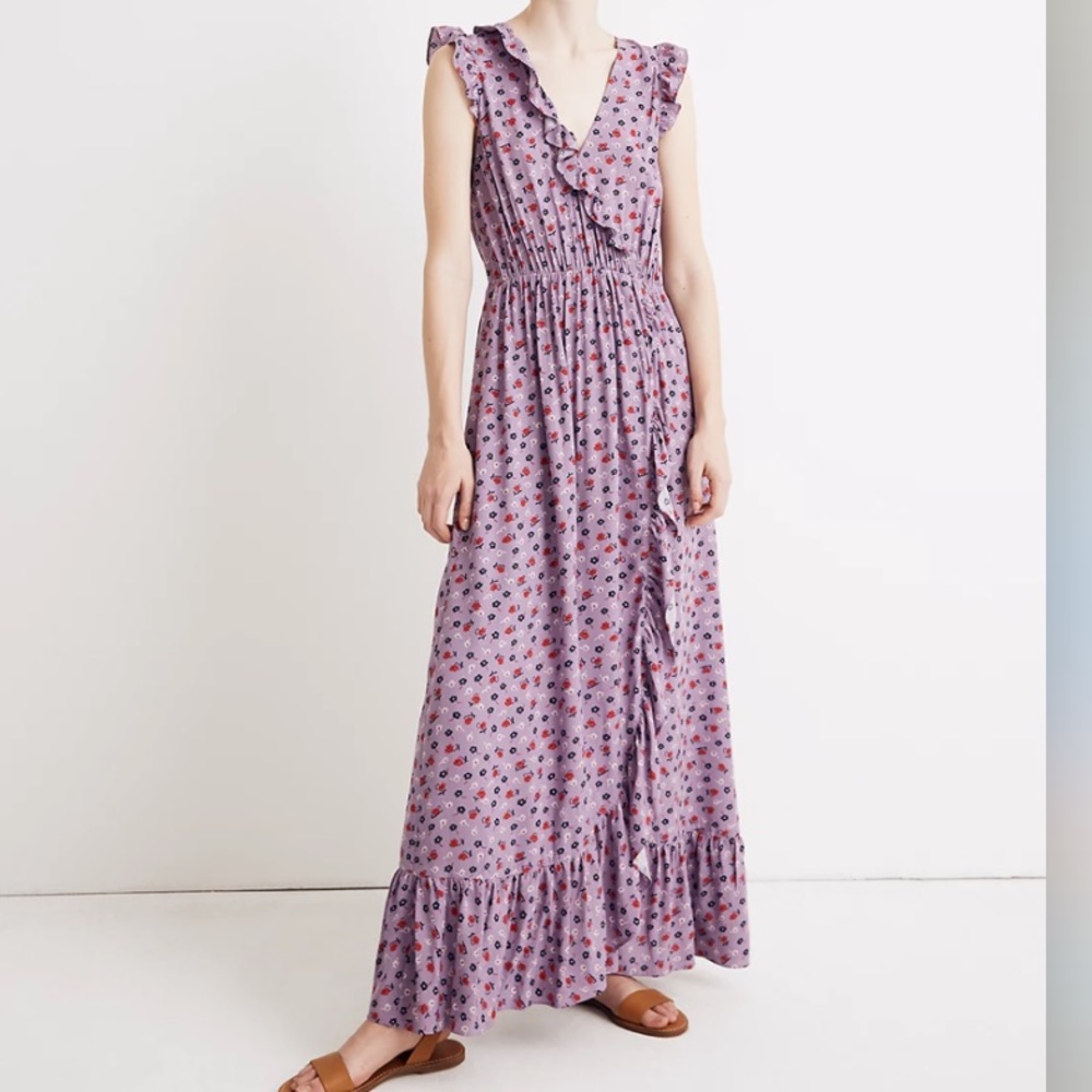 Madewell Purple floral maxi dress with ruffle detail. Size 4.